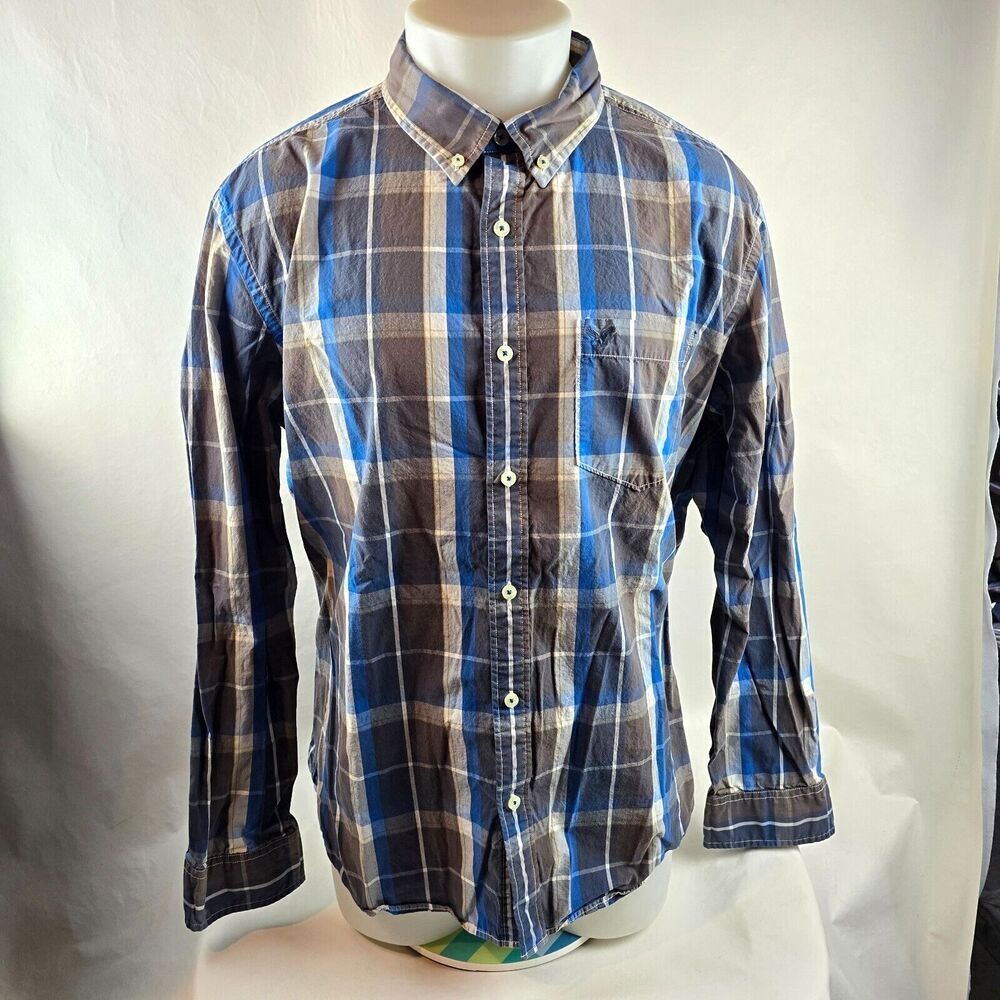 American Eagle Shirt Mens 2XL Blue Brown Button Down Plaid Athletic Fit Y2k Prep
